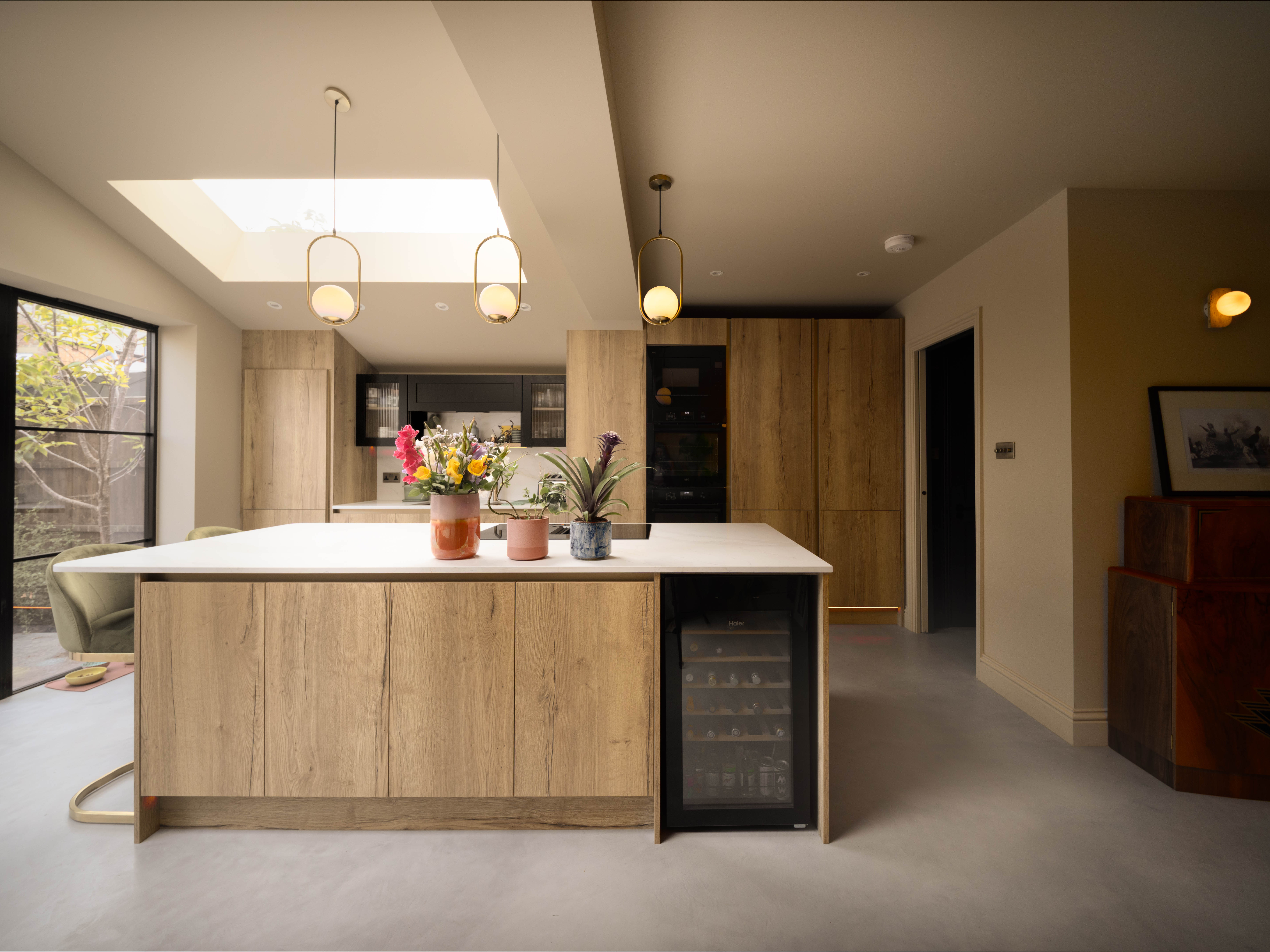 Wide view of the kitchen island at Ewhurst Road